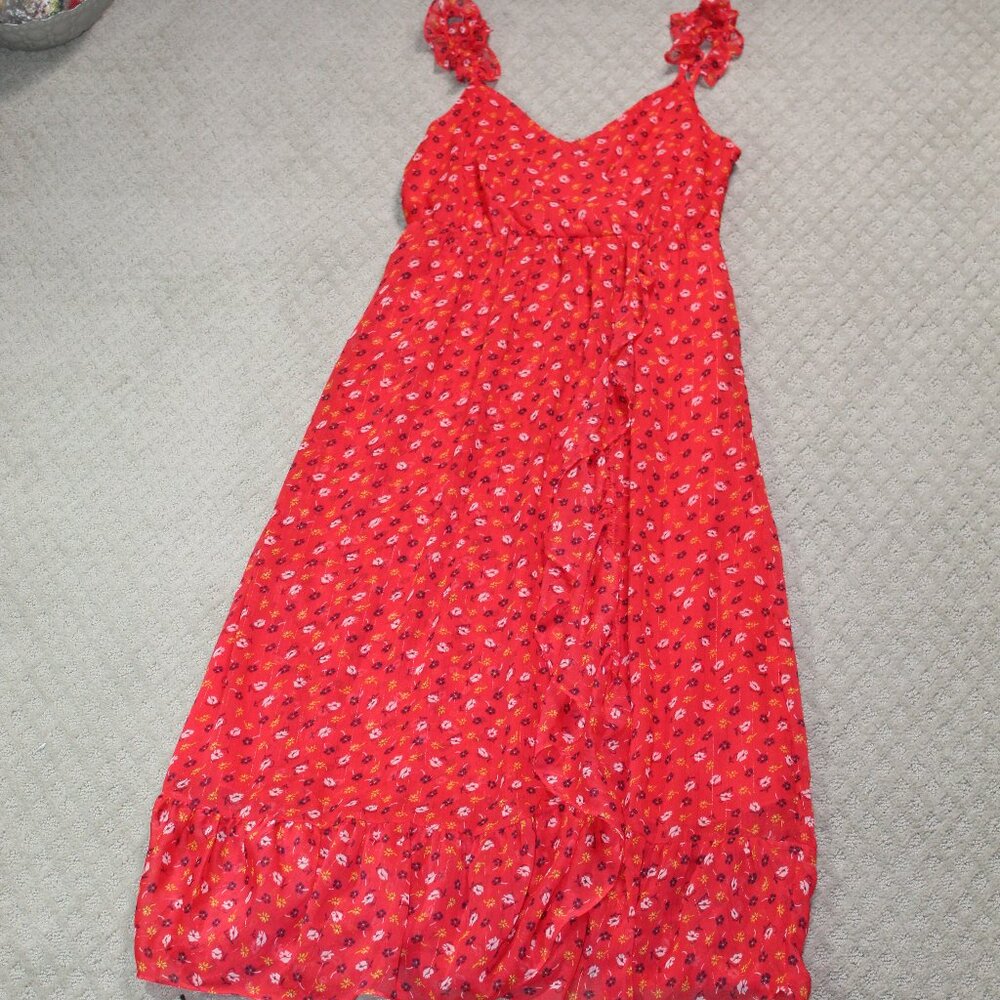 Madewell Size 8 Red Floral Lightweight Maxi Ruffle Trim Sun Dress